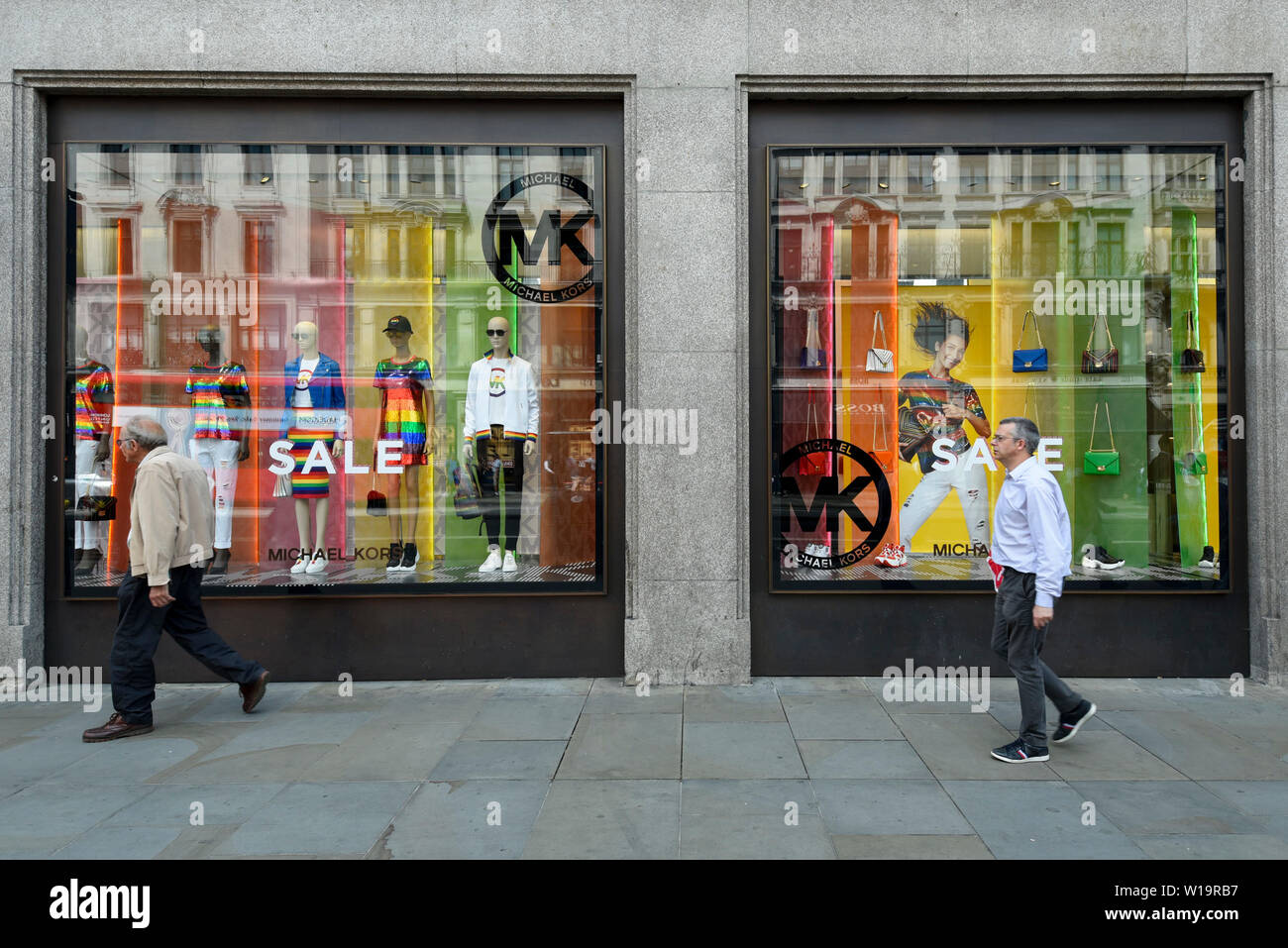 London, UK. 1 July 2019. The Michael Kors store in Regent Street is one of  many stores in the capital's West End whose exteriors are decorated in  rainbow colours in support of