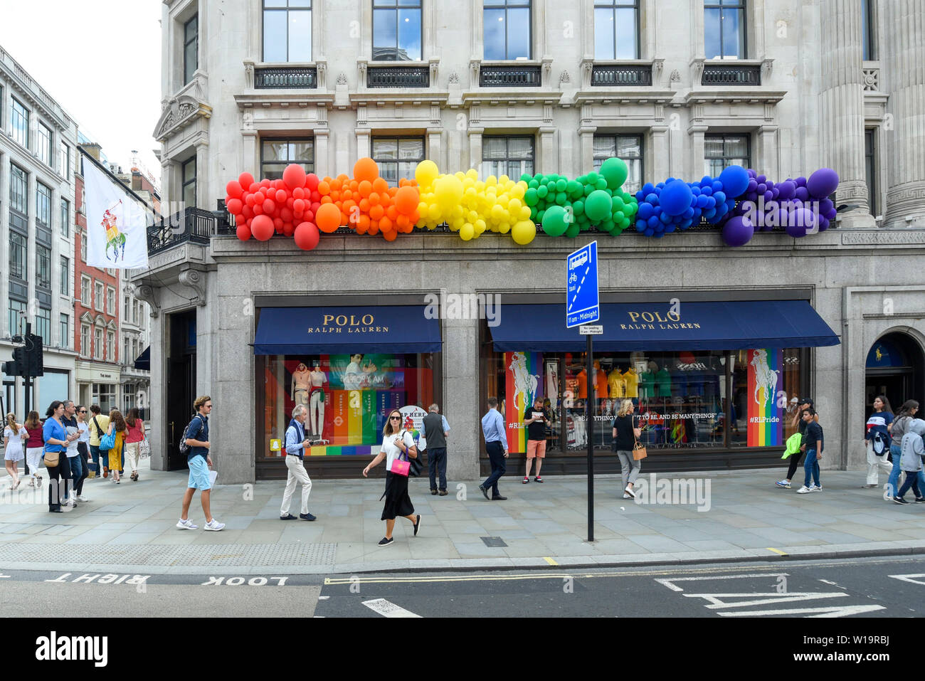 London, UK. 1 July 2019. The Polo Ralph Lauren store in Regent Street is  one of many stores in the capital's West End whose exteriors are decorated  in rainbow colours in support