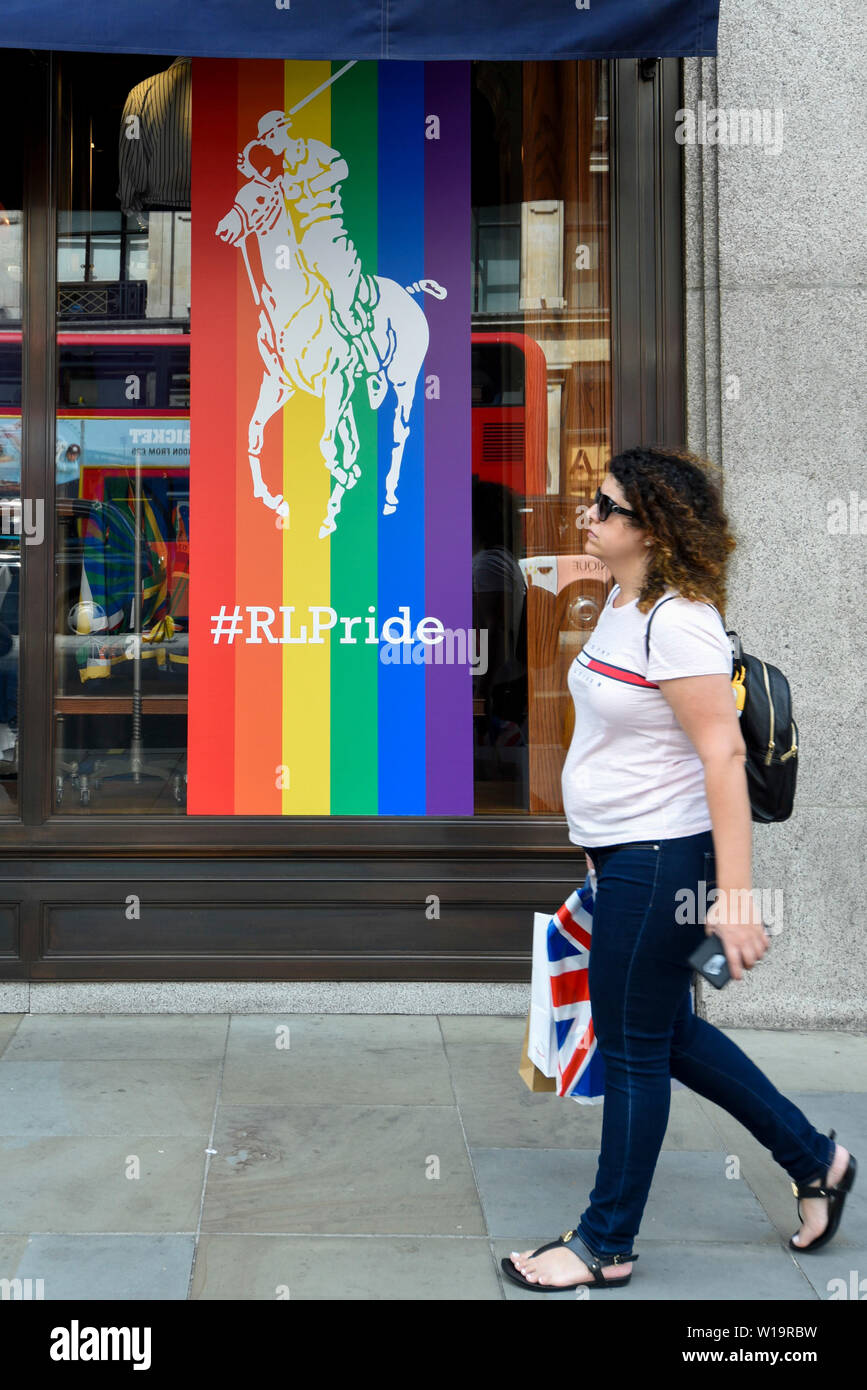 London, UK. 1 July 2019. The Polo Ralph Lauren store in Regent Street is  one of many stores in the capital's West End whose exteriors are decorated  in rainbow colours in support