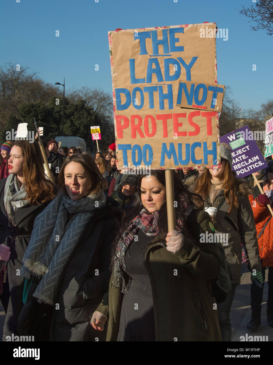 Women's March, London, UK, 21st January 2017. A woman carries a placard paraphrasing Shakespeare which reads 'The lady doth not protest too much'  the day after the inauguration of President Donald Trump. Up to 10,000 took part in the march in London as women worldwide marked the day by marching in an act of international solidarity. Many carried placards referencing statements made by Donald Trump, considered by many as anti-women or otherwise offensive. Stock Photo