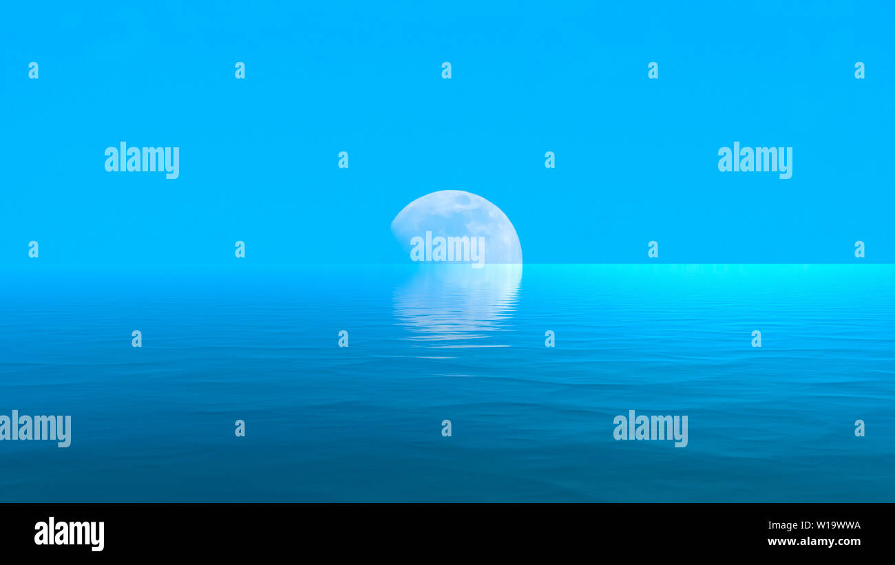 Moon over the blue wide sea with reflections Stock Photo