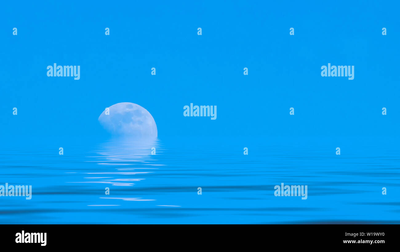 Moon over the blue wide sea with reflections Stock Photo