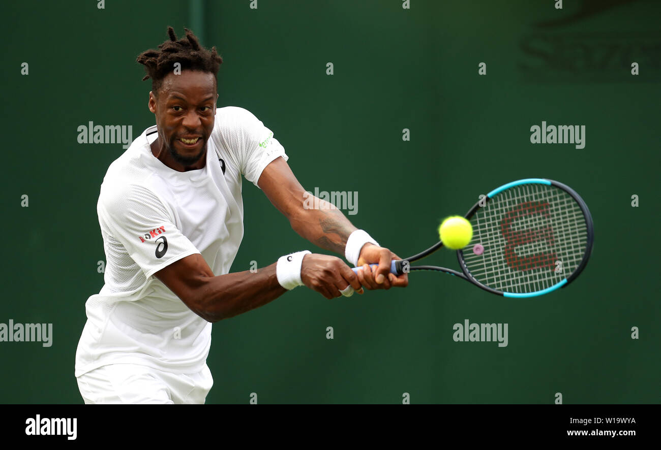 Monf Gael Monfils in action during day one of the Wimbledon Championships at ...