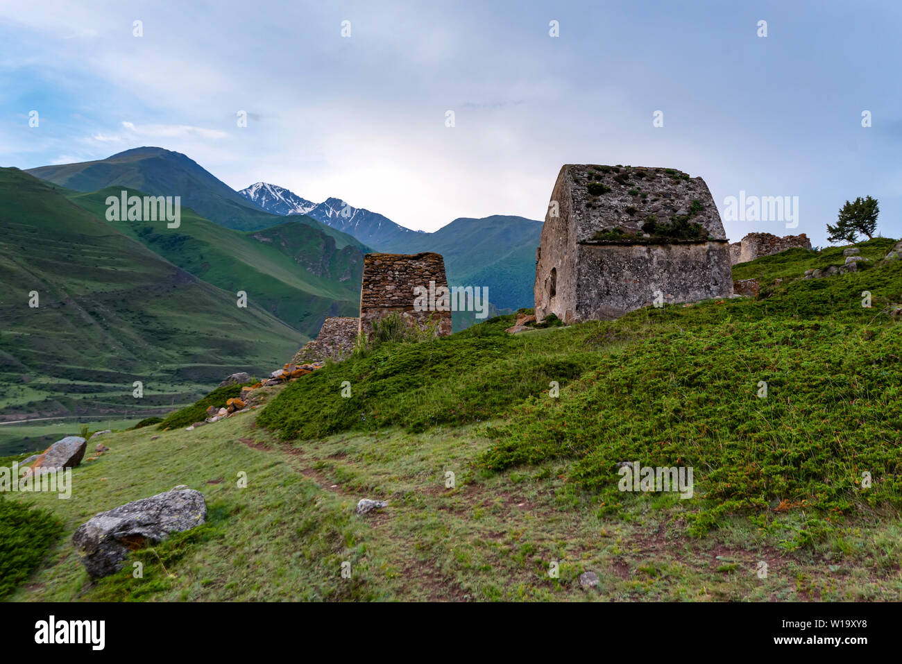 View of medieval tombs in City of Dead near Eltyulbyu, Russia Stock Photo