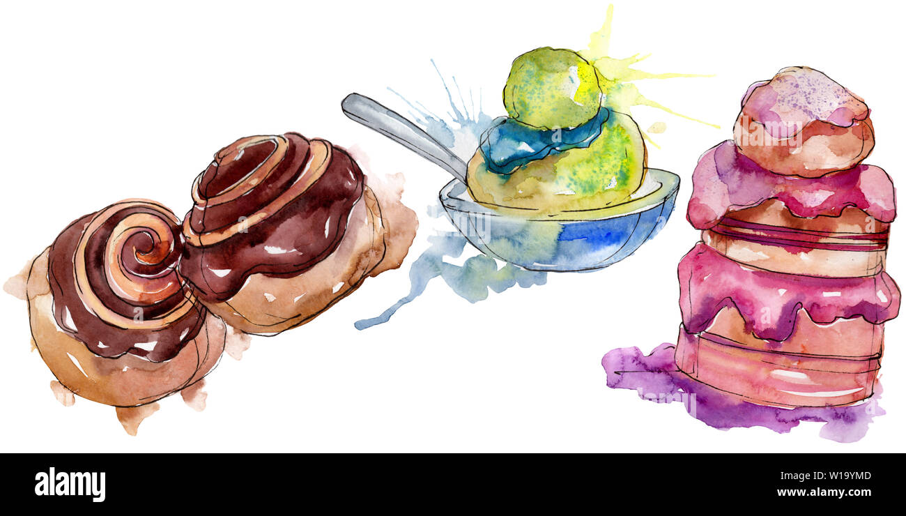 Tasty cake and bun sweet dessert. Watercolor background illustration ...