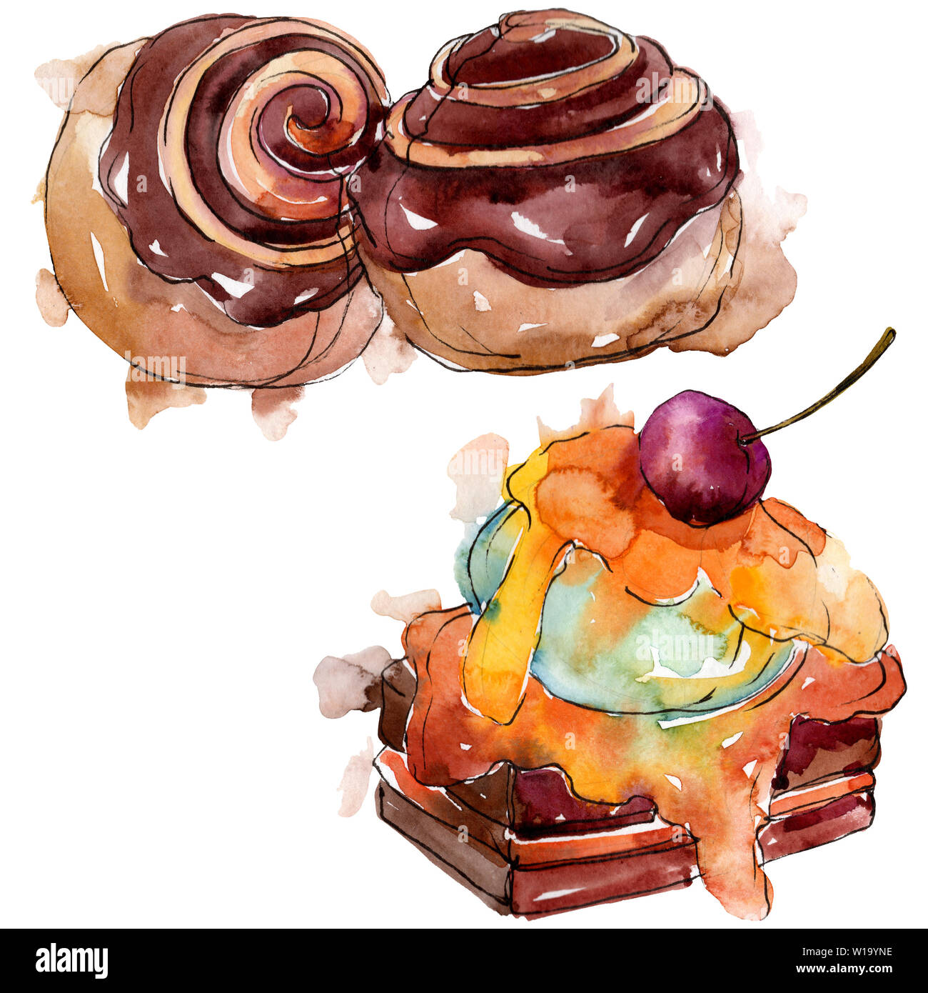 Tasty cake and bun sweet dessert. Watercolor background illustration ...