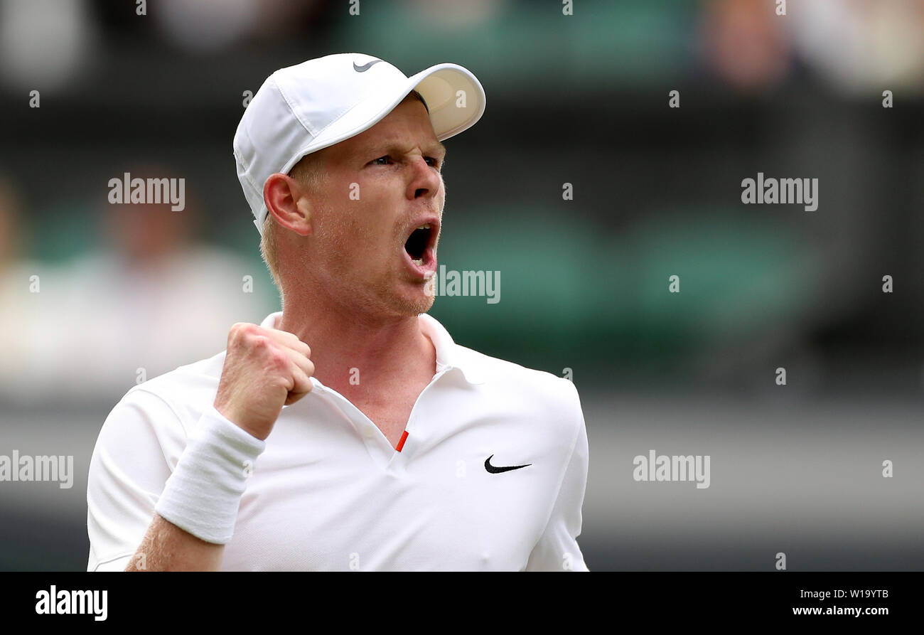 Kyle Edmund celebrates winning the first set against Jaume Munar on day one of the Wimbledon Championships at the All England Lawn Tennis and Croquet Club, Wimbledon. Stock Photo