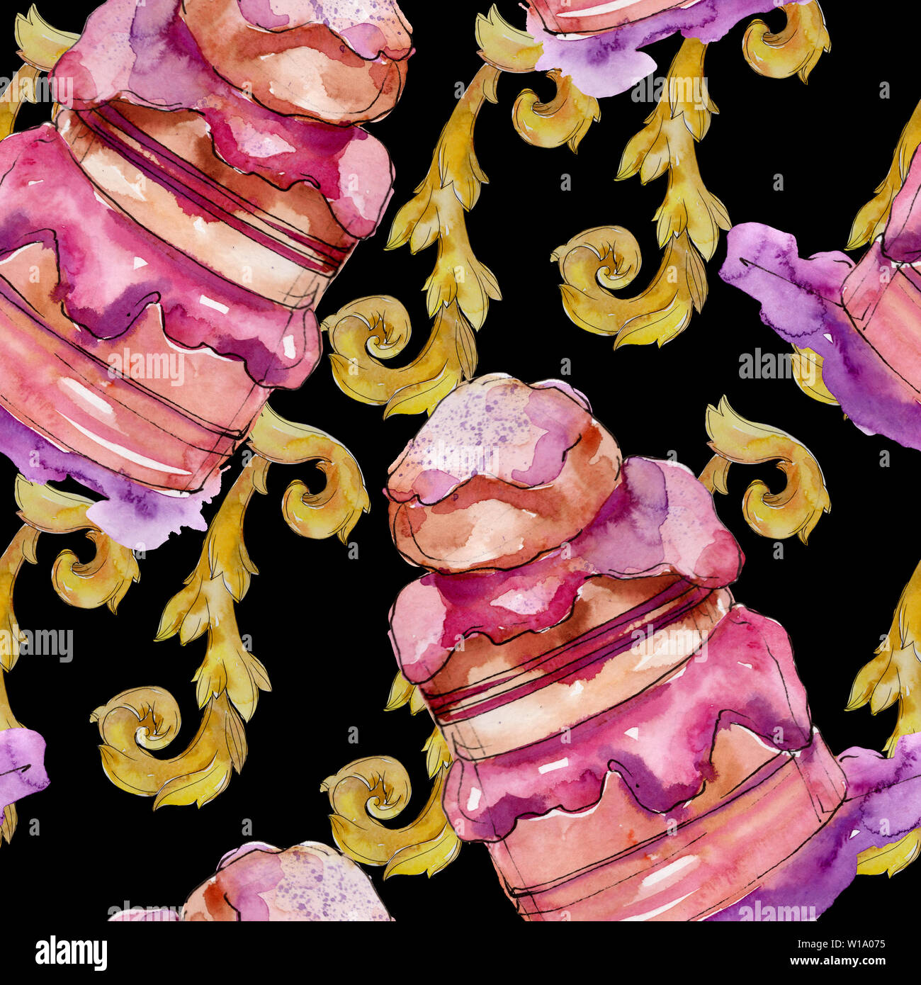 Tasty cake and bun sweet dessert. Watercolor background illustration ...