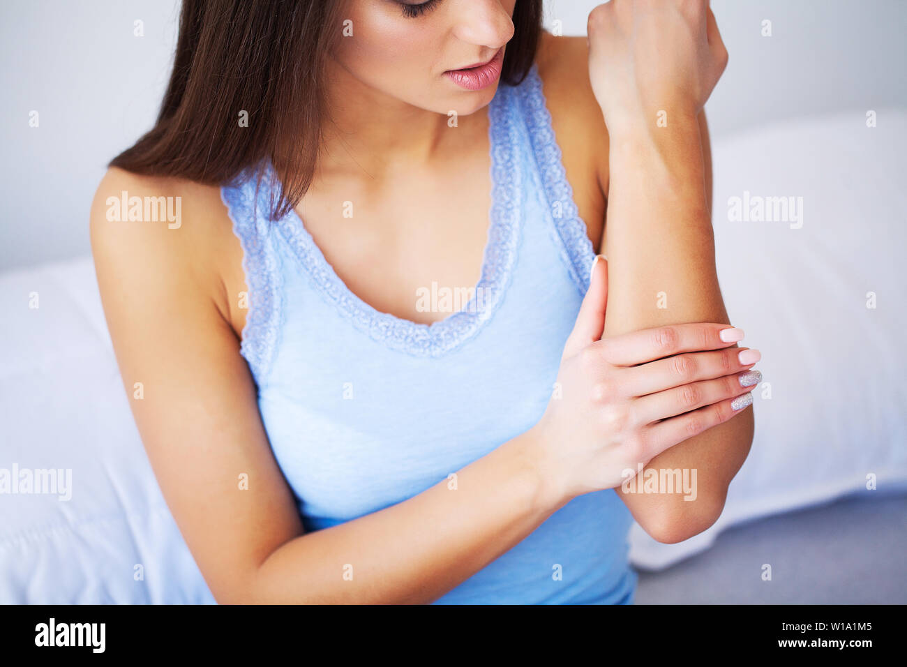 Arms Pain. Beautiful Woman Body Feeling Pain In Shoulders Stock Photo