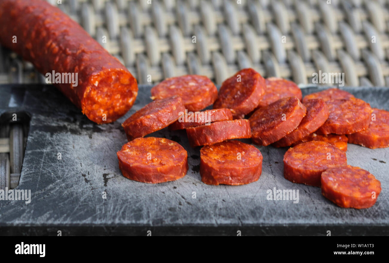 Close up of chorizo sausages on board Stock Photo - Alamy