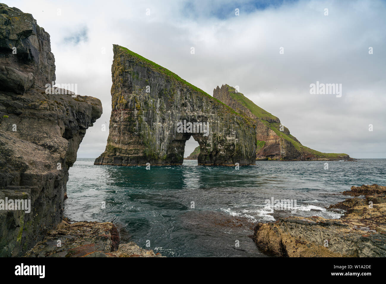 Drangarnir and Tindholmur islands in Vagar, Faroe Islands Stock Photo ...