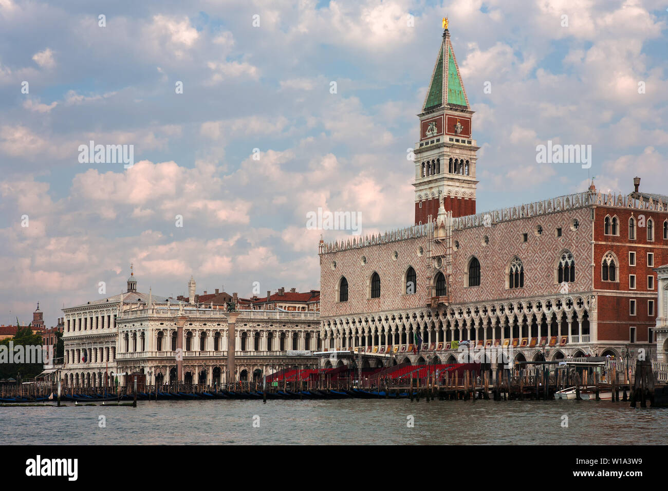 Approaching Venice by sea from the Bacino di San Marco: Campanile di San Marco and the Doge's Palace, Venice, Italy Stock Photo