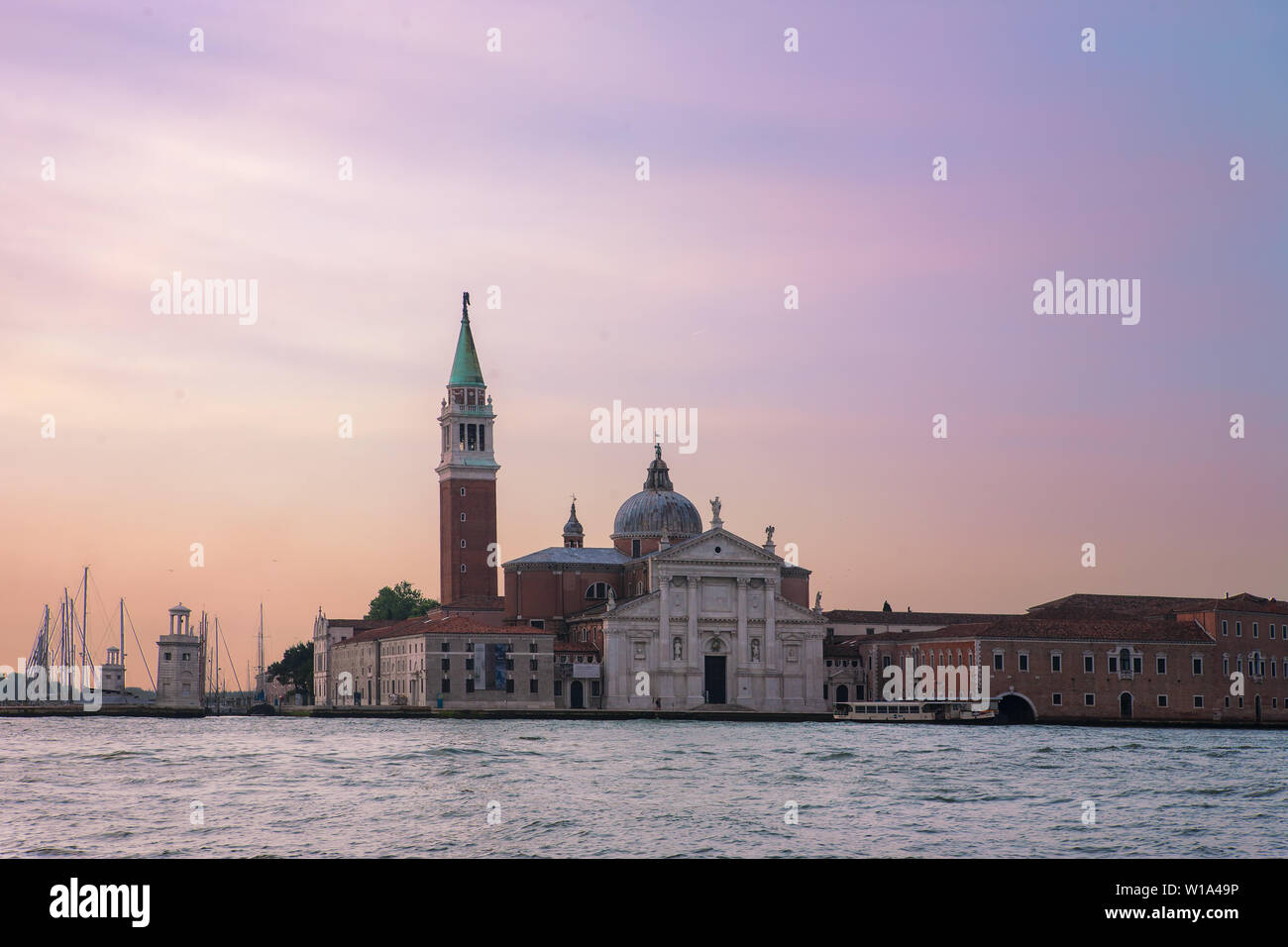 The Chiesa di San Giorgio Maggiore at early morning from a yacht in the Bacino di San Marco, Venice, Italy Stock Photo