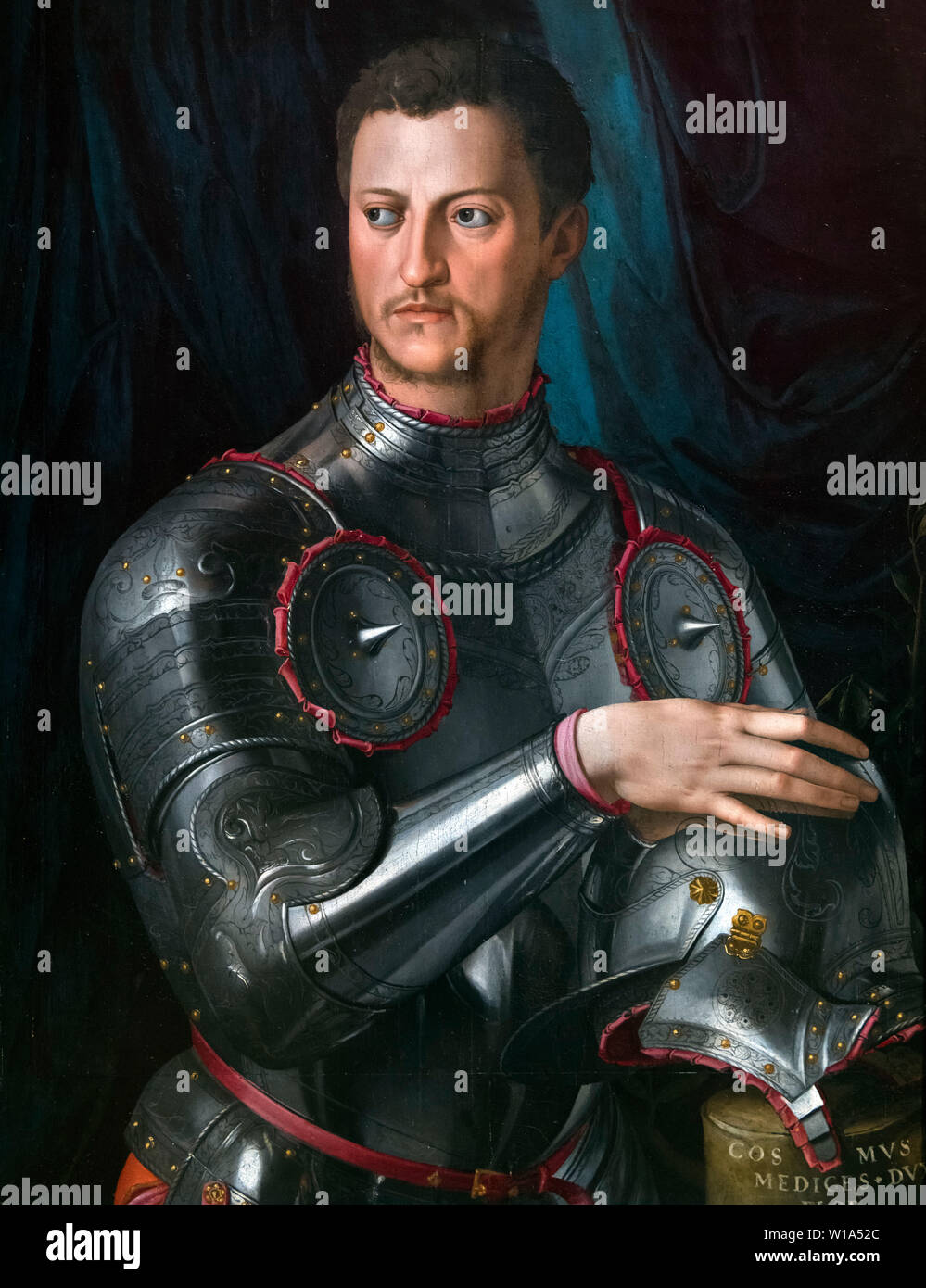 Cosimo I de' Medici (1519-1574), Grand Duke of Tuscany. Portrait, entitled Cosimo I de Medici in Armour, by Agnolo Bronzino (1503-1572), oil on panel, 1540s.  Cosimo I is best remembered today for the creation of the Uffizi gallery in Florence. Stock Photo