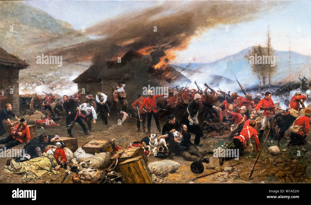 The Defence of Rorke's Drift 1879 by Alphonse de Neuville (1835-1885), oil on canvas, 1879-80. The painting shows the famous defense of Rorke’s Drift in the Anglo-Zulu War of the late 19th century. Stock Photo