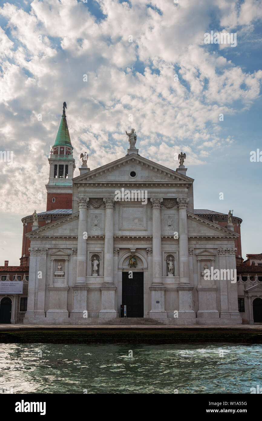 The west front of the Chiesa di San Giorgio Maggiore at early morning from a yacht in the Bacino di San Marco, Venice, Italy Stock Photo