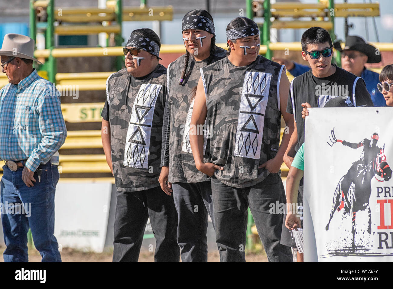 Opening ceremony at the Blackfoot  First Nations Indian Relay (horse) race, held in Strathmore Alberta Canada Stock Photo