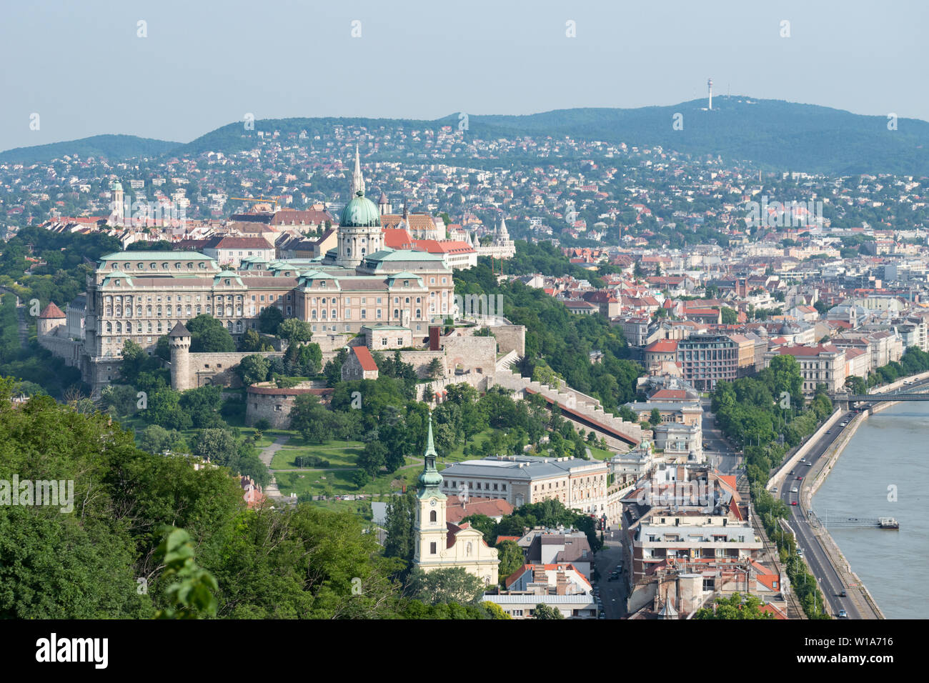 Budapest, Hungary - June 10 2019: View from the south of Buda Castle on the west bank of the river Danube, with the Buda side of the Hungarian capital Stock Photo