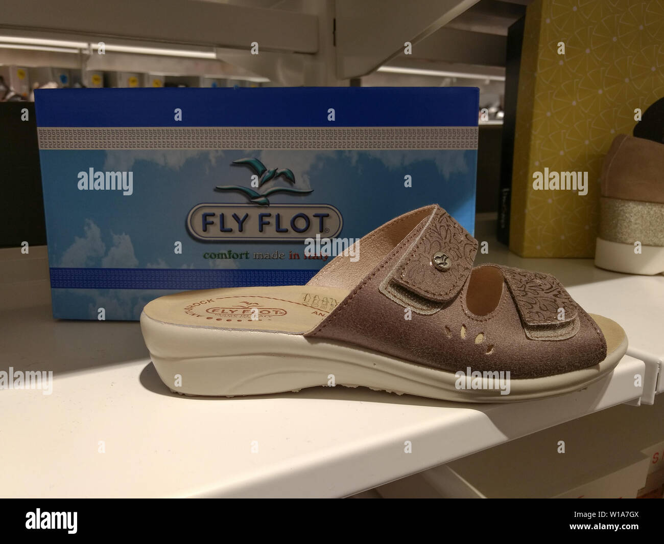 Brown sandal in front of box. Brand Fly Flot Stock Photo - Alamy