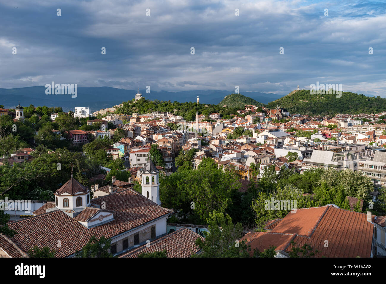 Panorama of Plovdiv city center from ancient fortress wall on top of the Nebet Tepe hill, Bulgaria