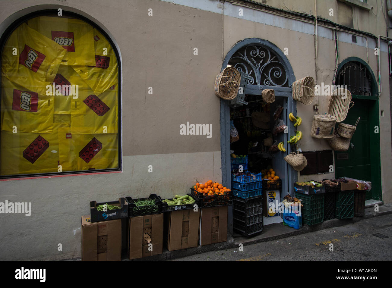 Lego sign and food Shop food baskets outside arch arches basket wall