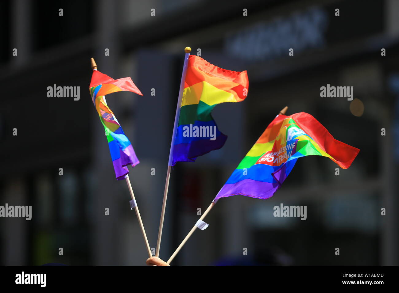 New York, N.Y/USA 30th June 2019 People wave rainbow flags during