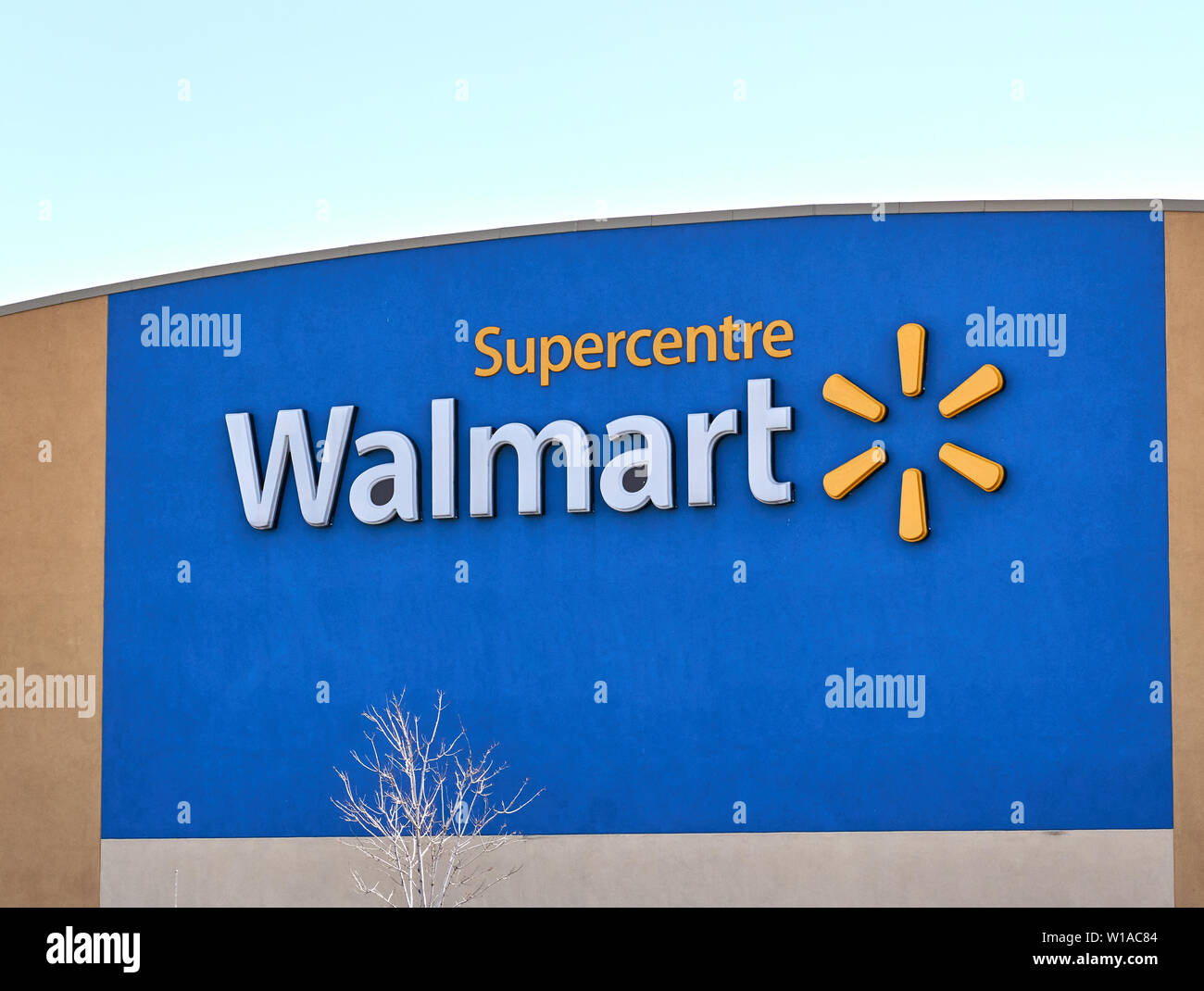MONTREAL, CANADA APRIL 30, 2019 Walmart store front and logo. Walmart is an American