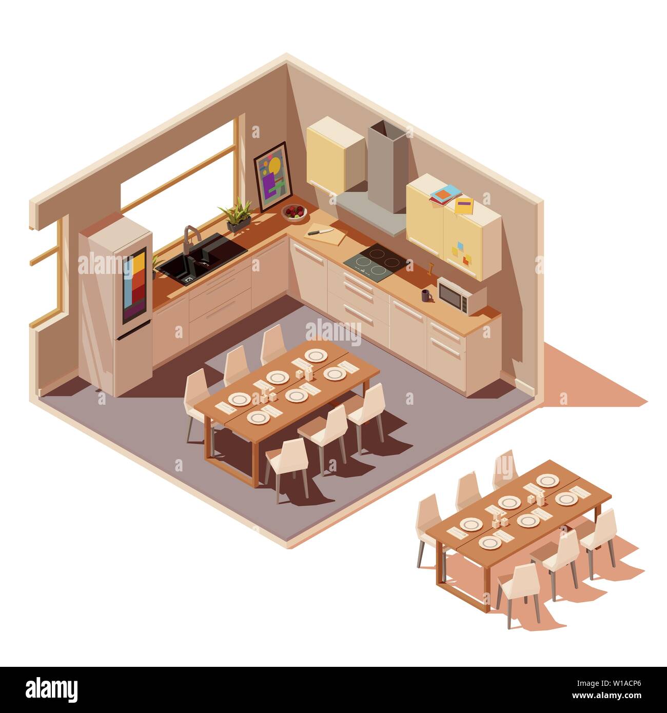 Vector isometric kitchen interior cross-section with island Stock Vector