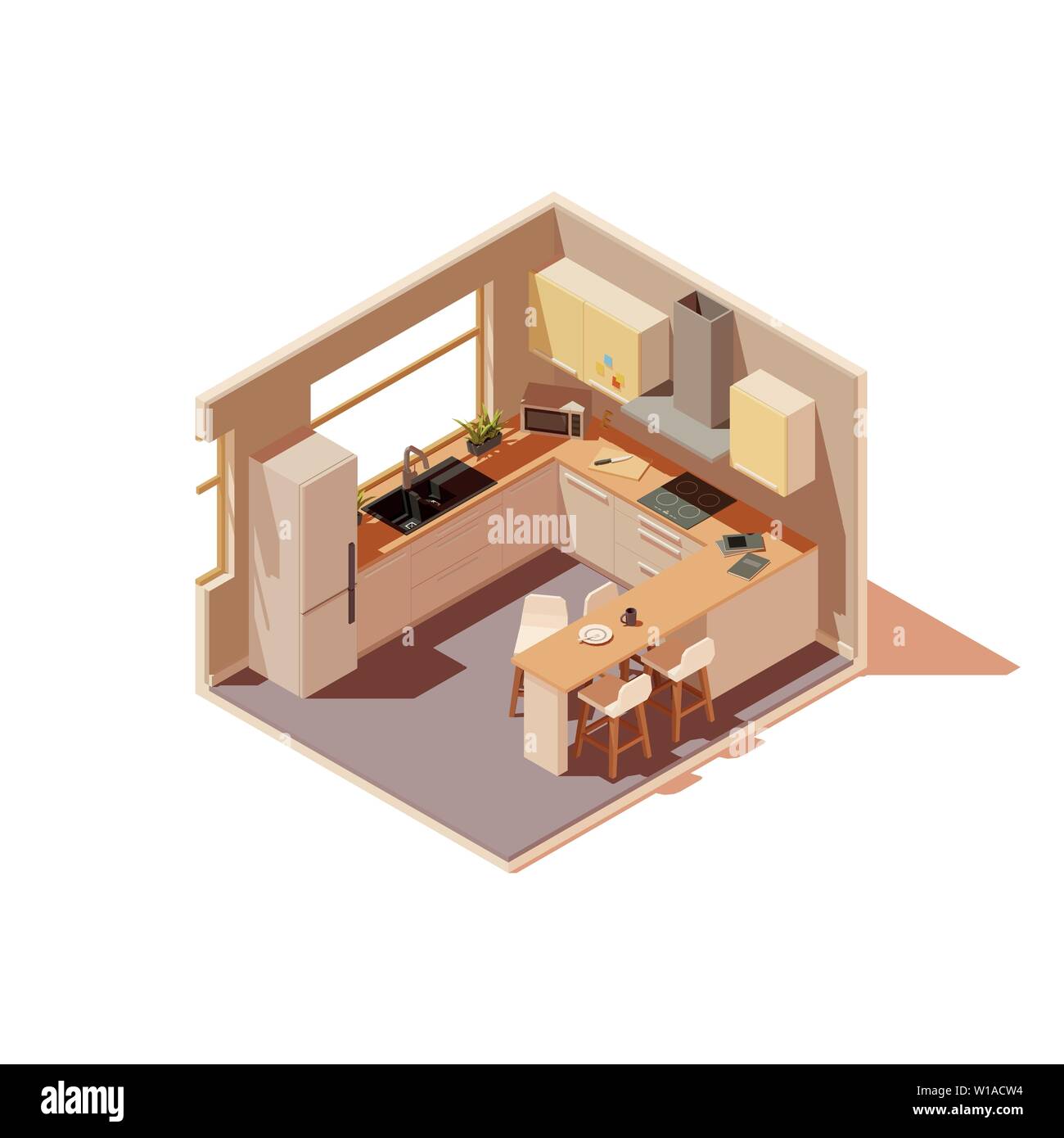 Vector isometric kitchen interior cross-section with island Stock Vector