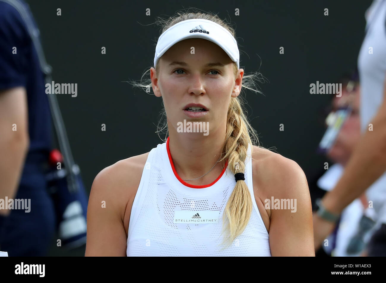London, UK. 01st July, 2019. Wimbledon Tennis Tournament, Day 1; Caroline  Wozniacki (DEN) during the break
