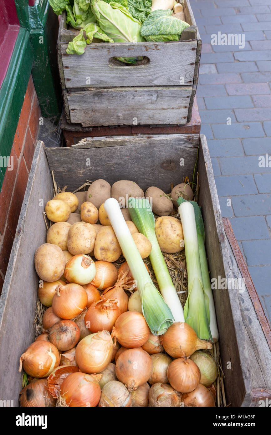 Wooden box of fresh vegetables - using no packaging or plastic Stock Photo