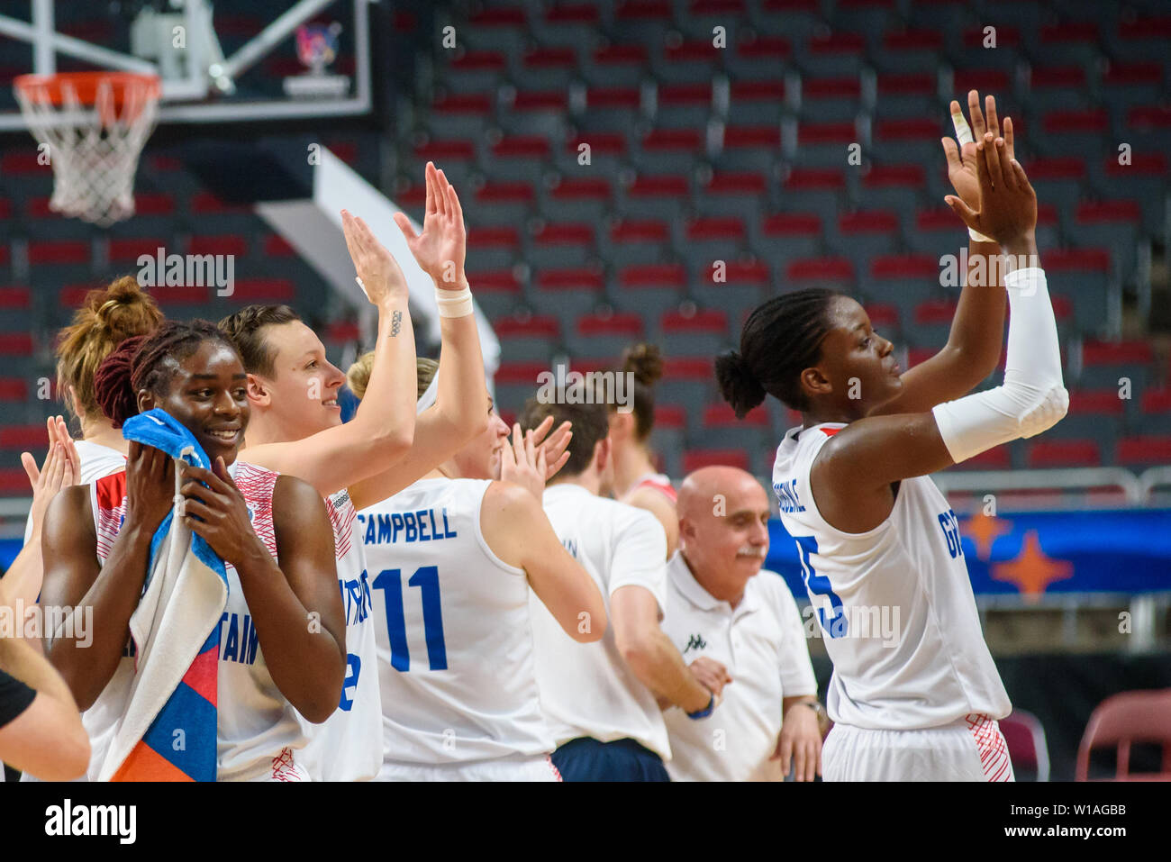 Riga, Latvia. 1st of July, 2019. Great Britain's Women's basketball team  celebrates win against Montenegro, during qualification match to 1/4 final  at FIBA Women's Eurobasket 2019 in Riga , Latvia. Credit: Gints