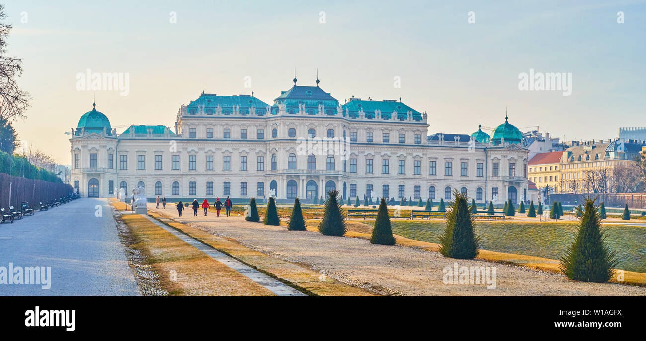 VIENNA, AUSTRIA - FEBRUARY 18, 2019: Belvedere Palace Complex is one of the  most famous landmarks of Vienna and the best place for morning walks, on F  Stock Photo - Alamy, image size:1300x687