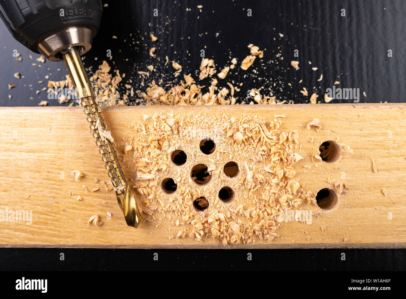 Drilling in a piece of dry planed wood. Holes made in the with