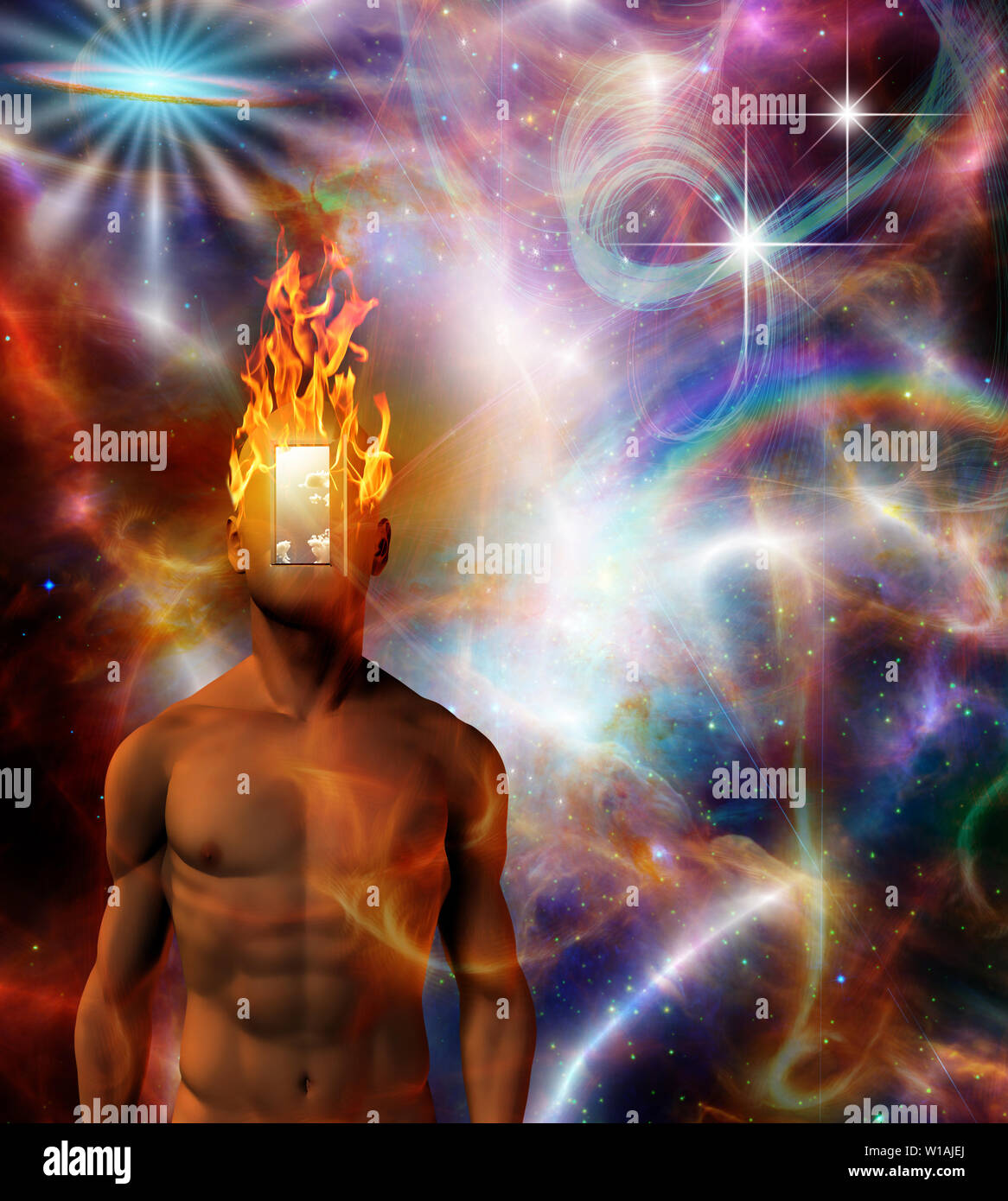 Surreal inspirational art. Burning mind in cosmic space Stock Photo