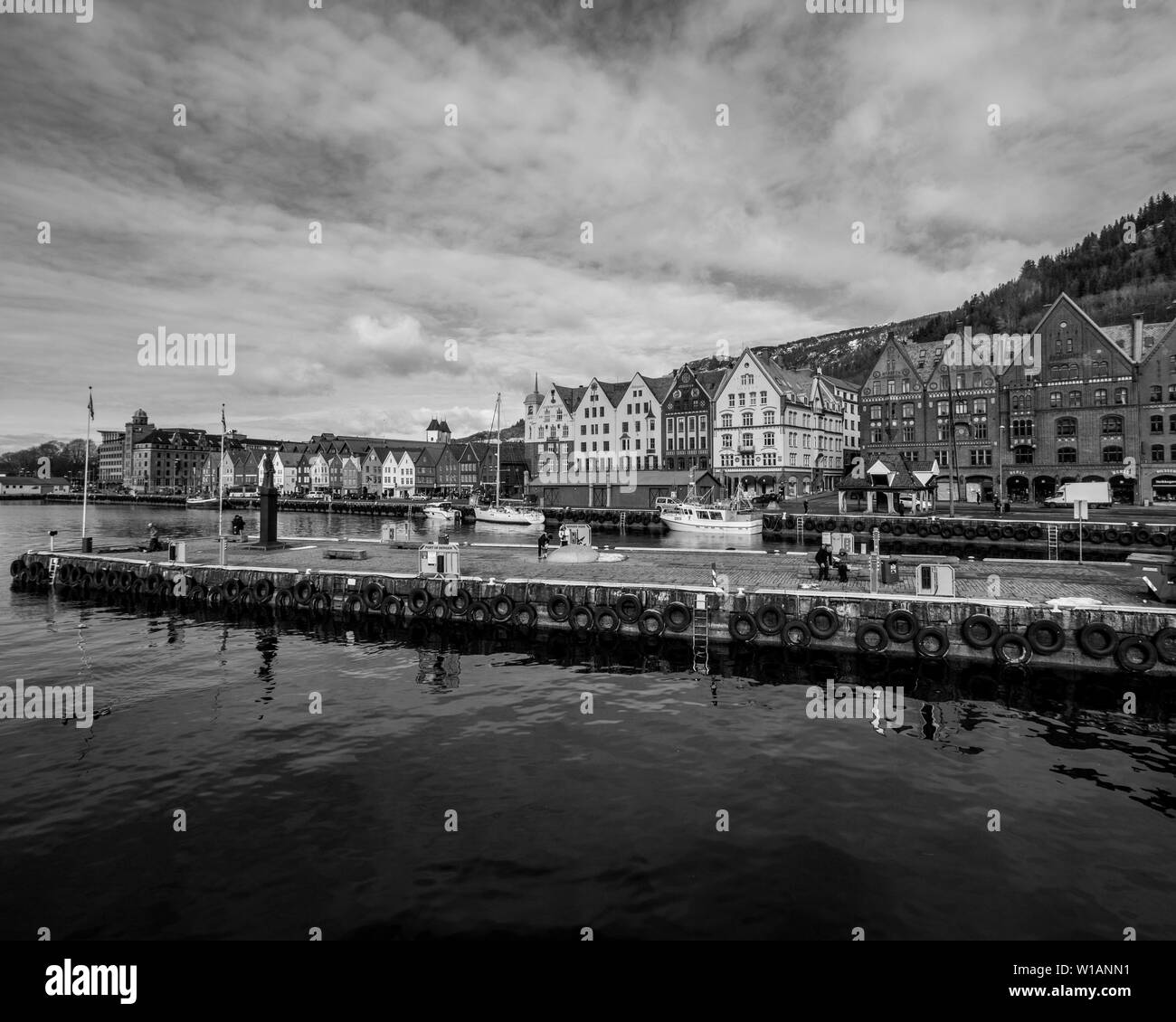 Bryggen, Bergen, Norway, from the ferry terminal in black and white. Stock Photo