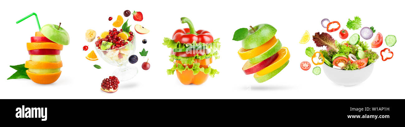 Collection of fresh food. Stack of fruits and vegetables. Fruit and vegetable salad. Vitamins Stock Photo