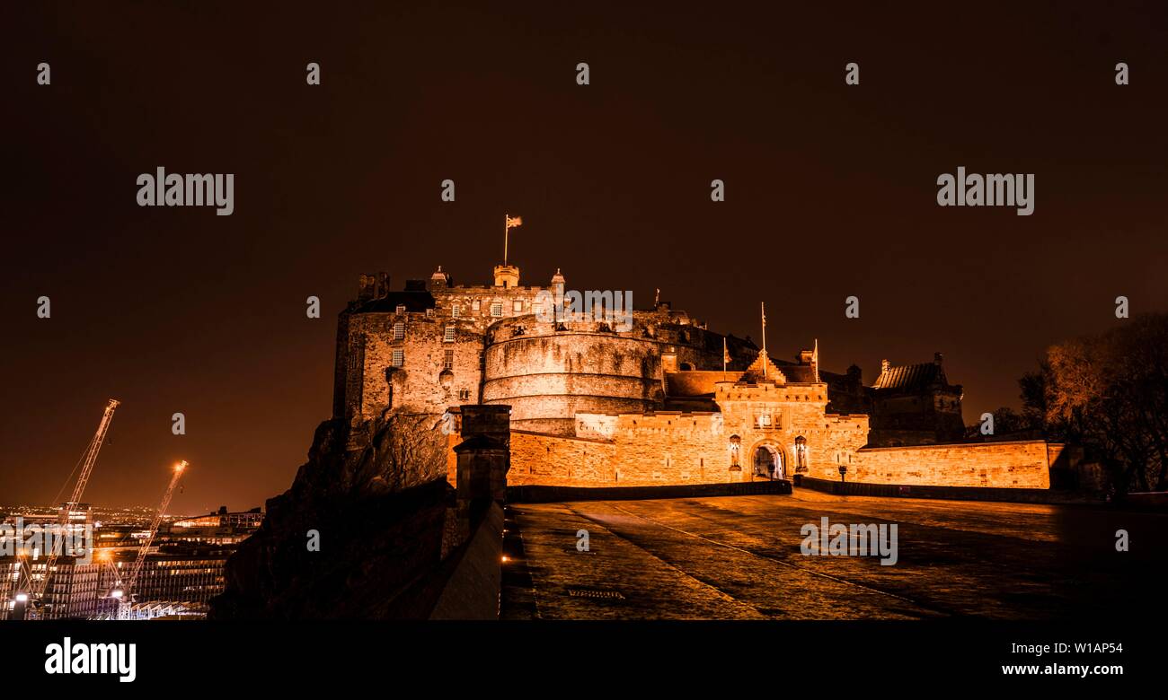 Illuminated Castle at Night, Edinburgh Castle, Historic Old Town, Edinburgh, Scotland, Great Britain Stock Photo