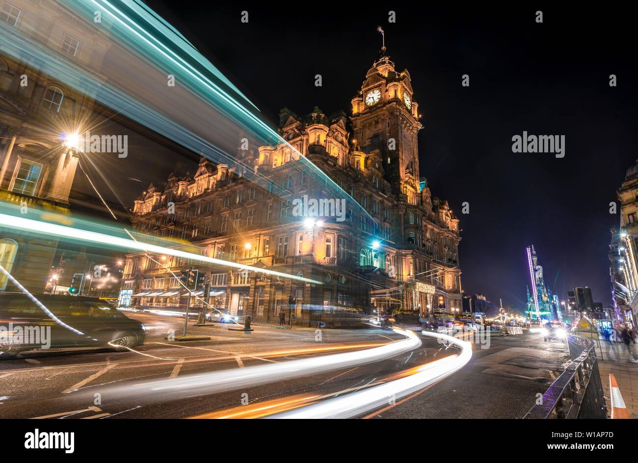 The Balmoral Hotel with light tracks, historic old town at night, Edinburgh, Scotland, Great Britain Stock Photo