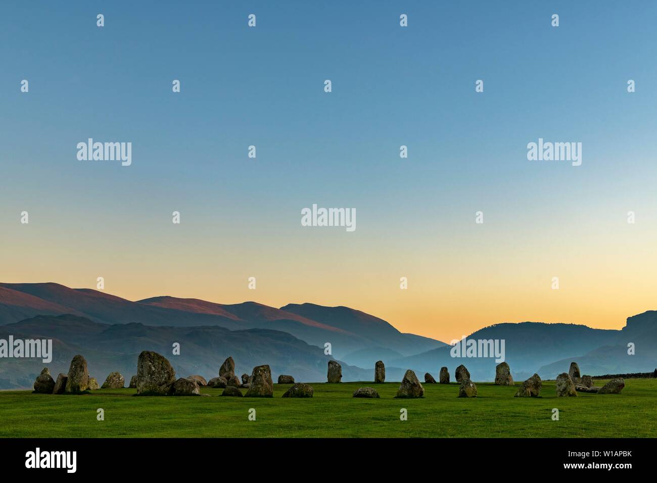 Stone circle at blue hour, Keswick, Yorkshire Dales National Park, Central England, Great Britain Stock Photo