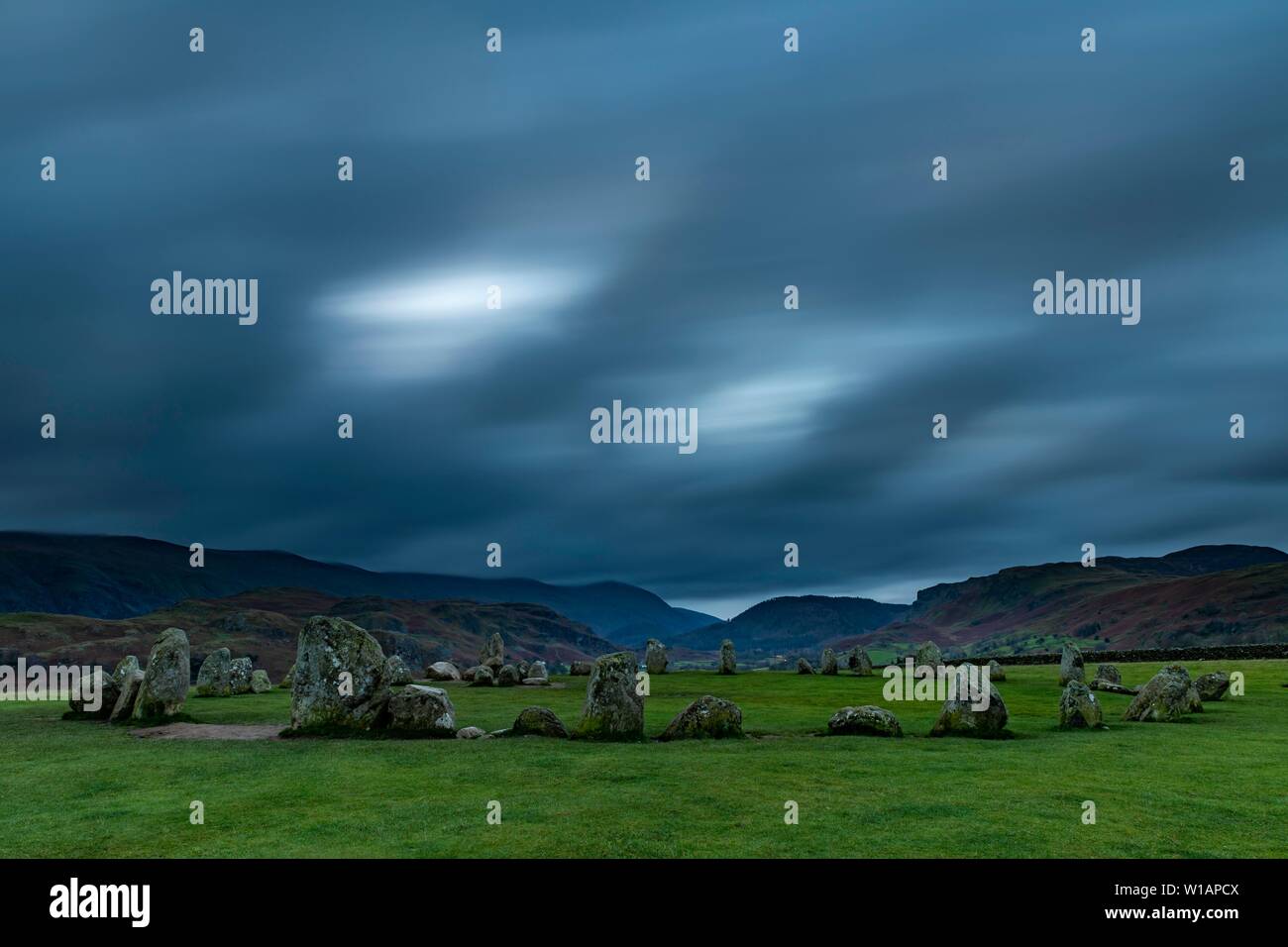 Stone Circle with Dark Cloud Sky, Keswick, Yorkshire Dales National Park, Central England, Great Britain Stock Photo
