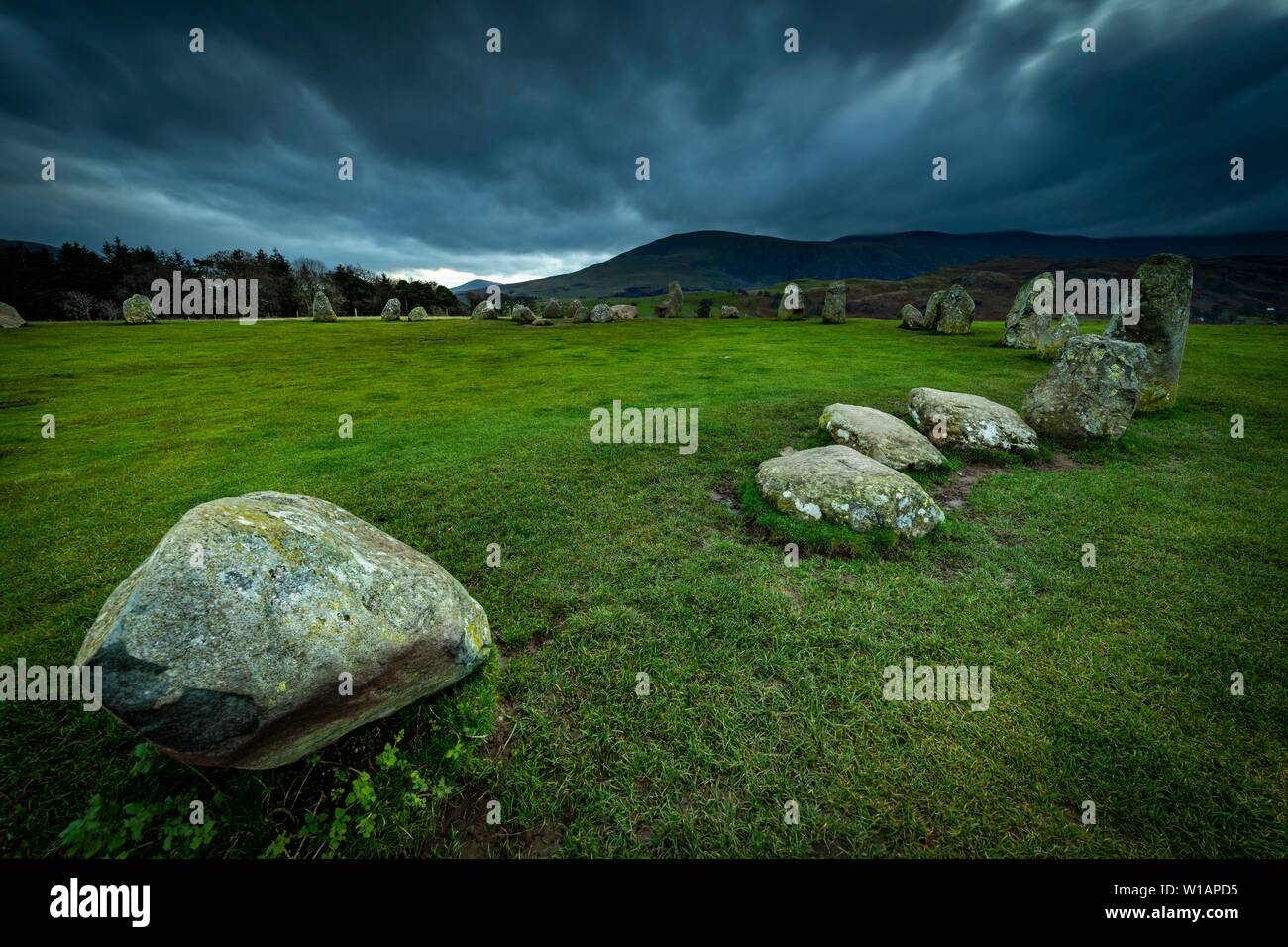 Stone circle with dramatic cloud sky, Keswick, Yorkshire Dales National Park, Central England, Great Britain Stock Photo
