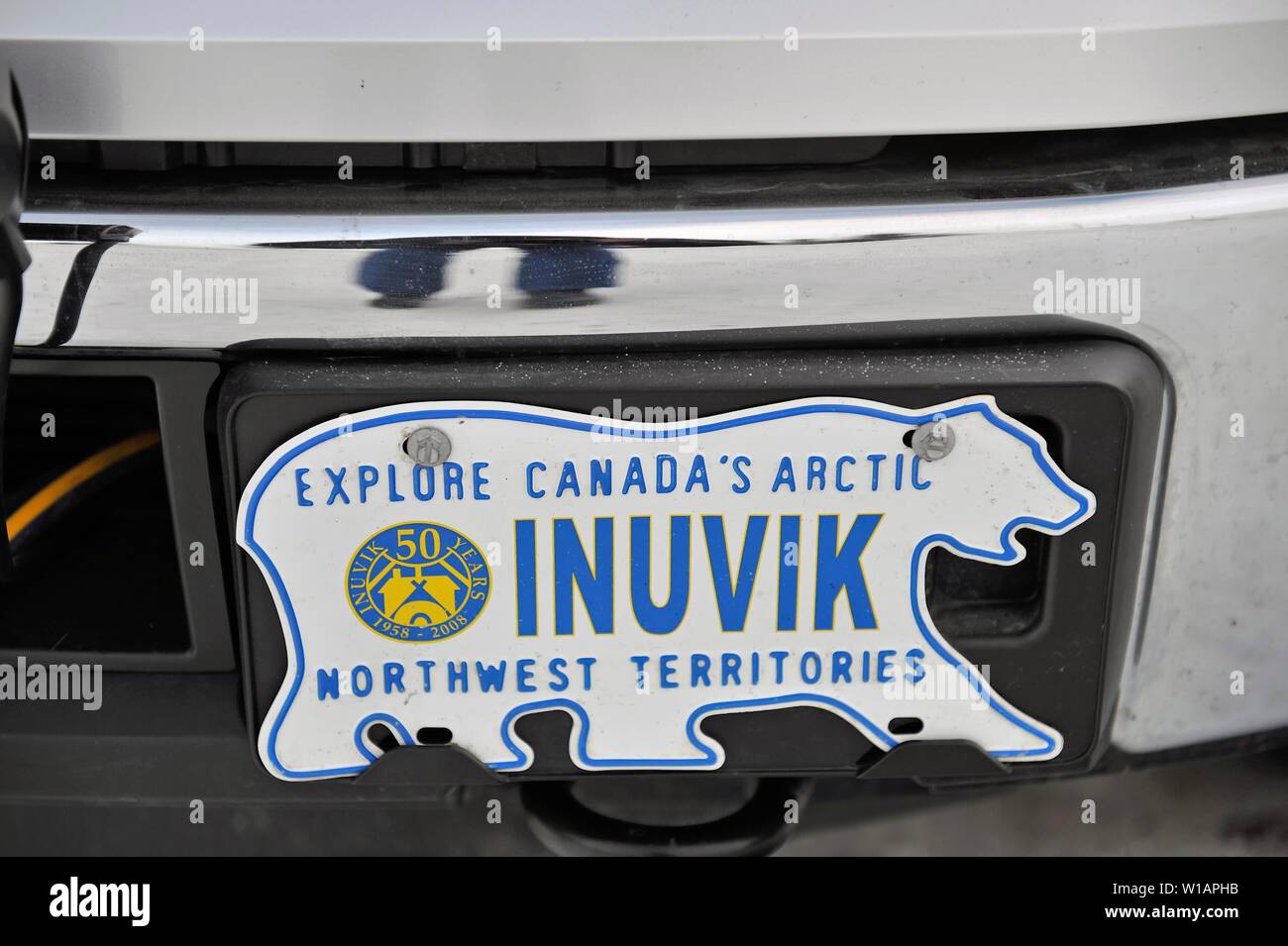 License plate, polar bear figure, Inuvik, Northwest Territories, Canada