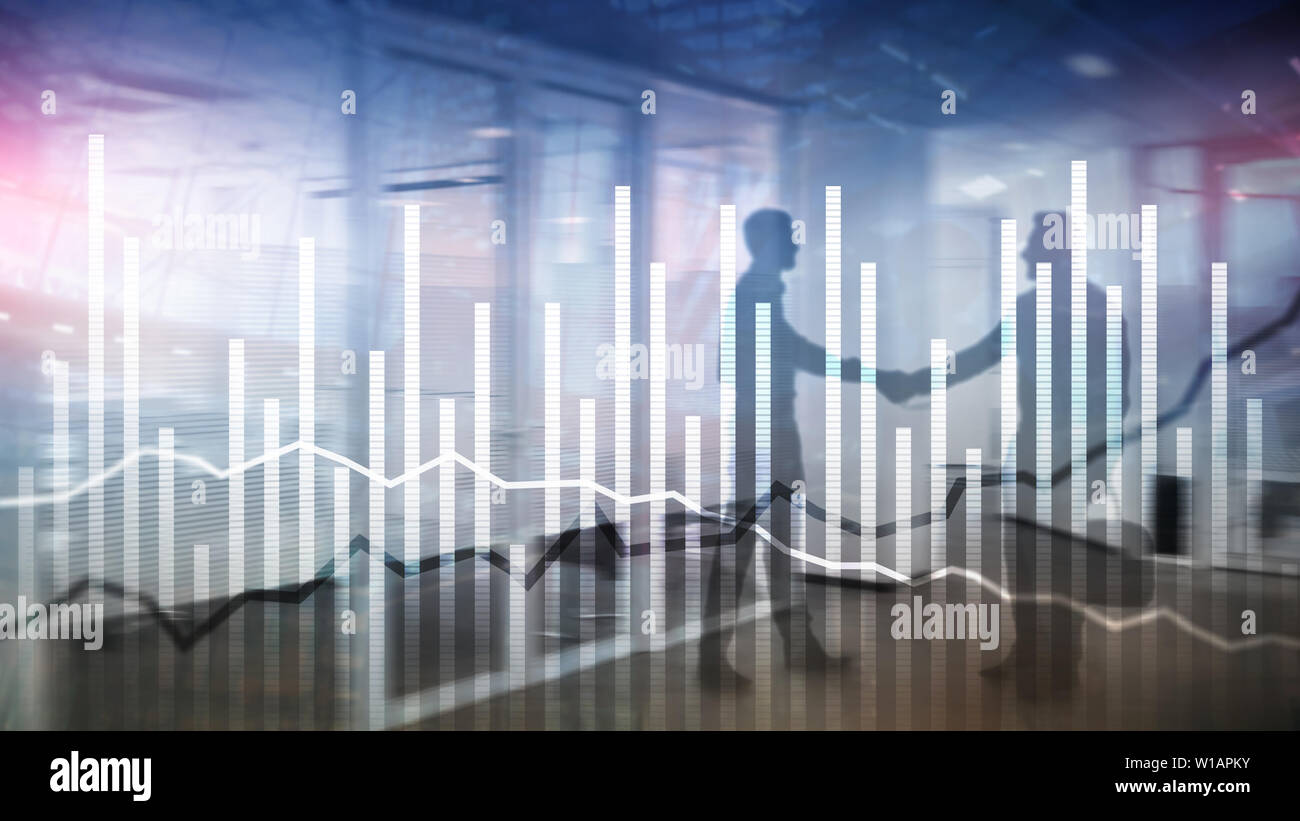 Double exposure Economics growth diagrams on blurred background. Business and investment concept Stock Photo
