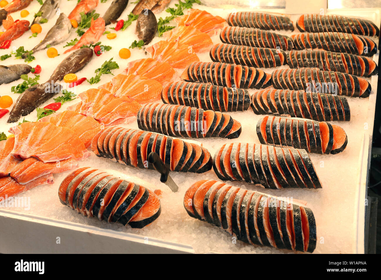 Fillets of Salmon at Fish Market Stall Stock Photo - Alamy