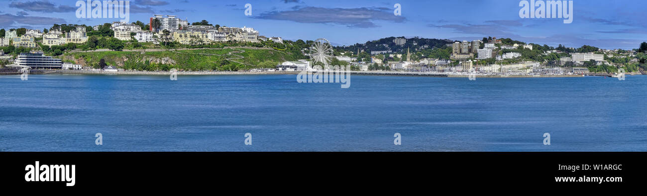 TRAVEL BANNER: Extra wide panoramic view of Torquay seafront. English Riviera, Devon, Great Britain  (HDR-Image) Stock Photo
