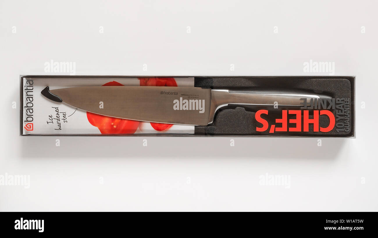 Varna, Bulgaria, March 14, 2019. Brabantia chef knife made of high carbon molybdenum vanadium steel. Professional sharp kitchen knife with 20 cm blade Stock Photo