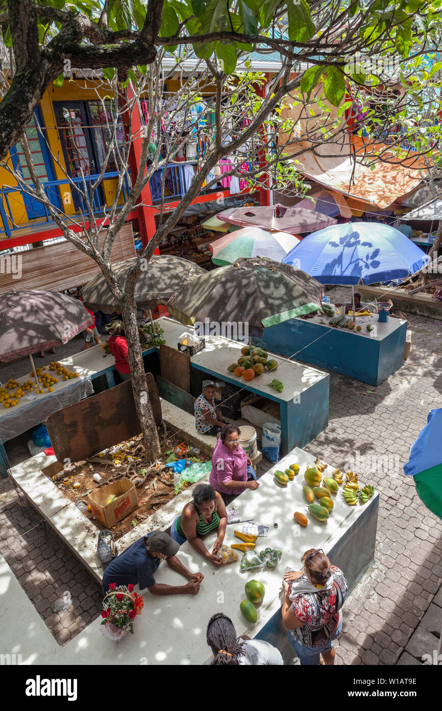 Vegetable and fruit Seller at Sir Selwyn Clarke Market on Market Street, Victoria, Mahe Island, Seychelles, Indian Ocean, Africa Stock Photo