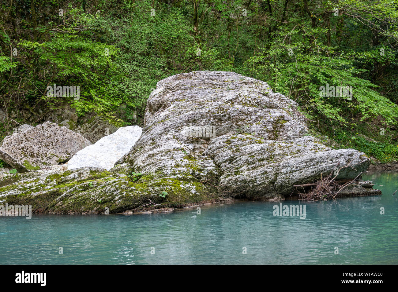 Stone rock in a calm mountain river with turquoise water with green ...