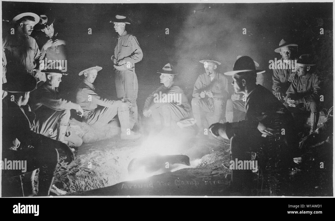 Around the campfire, men of Company A, 16th Infantry, San Geronimo